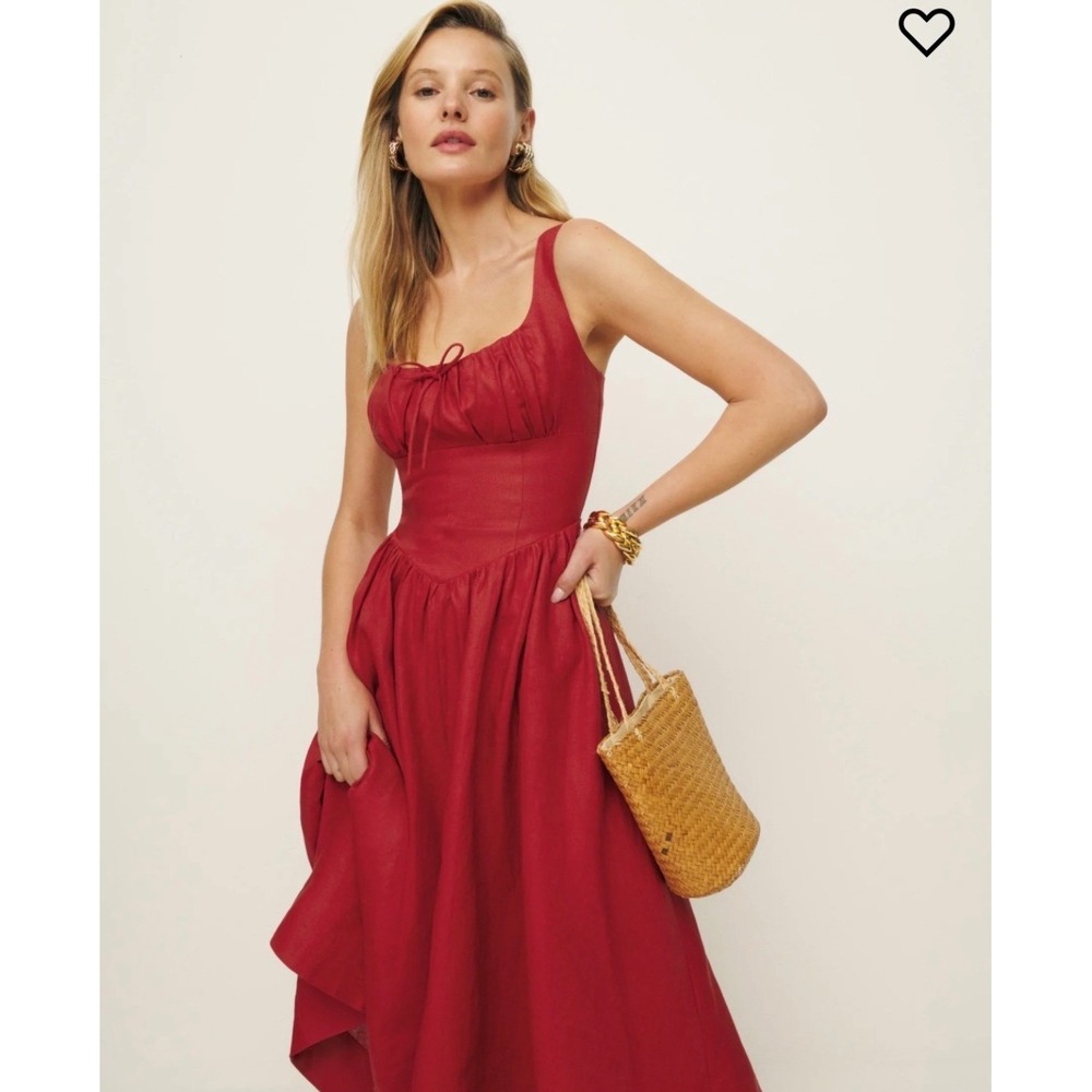 Reformation Balia Linen Dress Sundried Tomato Red Midi Ruched Bust Size 8 NEW